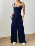 Women's Summer Black Casual Pleated Loose Straight-Leg Jumpsuit, Adjustable Halter Neck Tie