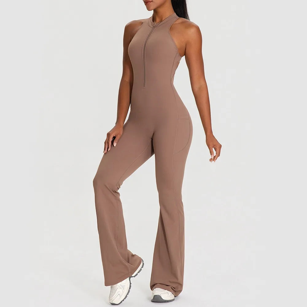 Sleeveless Back Design Yoga Bodysuit Pocket Design Hip Lifting Flared Jumpsuit Women Fitness Sportswear