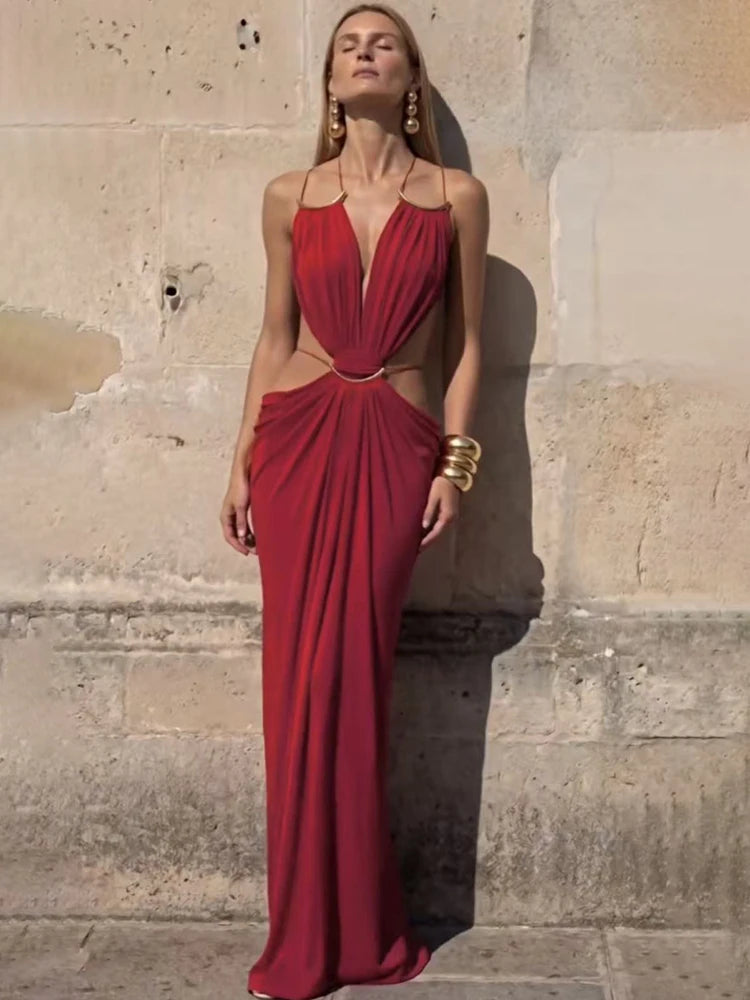 Sexy Halter Deep V Neck Maxi Dress Women Elegant Hollow Out Backless Sleeveless Bodycon Beach Club Party Evening Dress