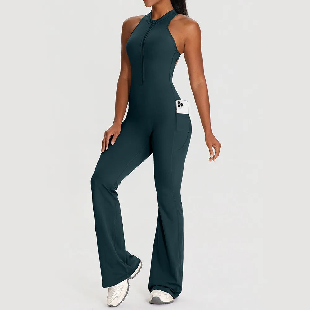 Sleeveless Back Design Yoga Bodysuit Pocket Design Hip Lifting Flared Jumpsuit Women Fitness Sportswear