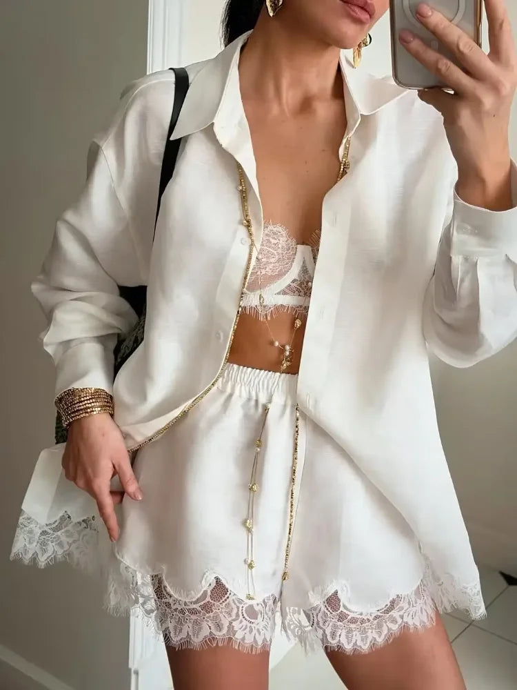Women's Lace Patchwork Shirt Shorts Suit Single Breasted Long Sleeve Lapel Shirts High Waist Shorts Set Casual Loose Wears 2026
