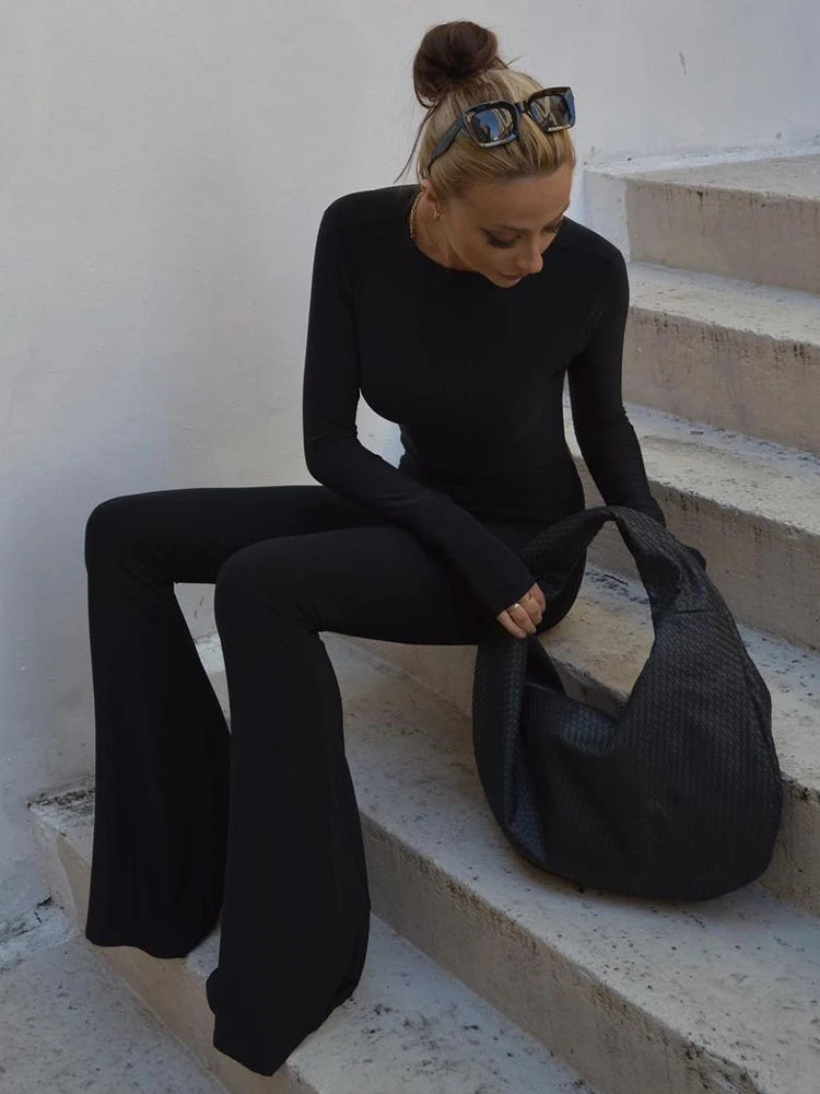 SIsterlinda Solid Sexy Backless Bodycon Wide Leg Jumpsuit Women Autumn Casual Slim Long Sleeve O-Neck Playsuit Lady Streetwear