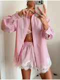 Women's Lace Patchwork Shirt Shorts Suit Single Breasted Long Sleeve Lapel Shirts High Waist Shorts Set Casual Loose Wears 2026