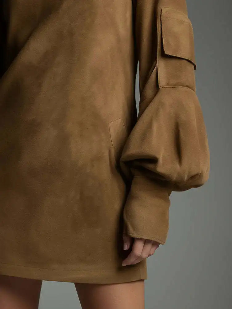Suede Turtleneck Mini Dress Women Sexy Lantern Long Sleeve Cargo Pocket Dress Elegant High Street Autumn Winter Vestidos 2026