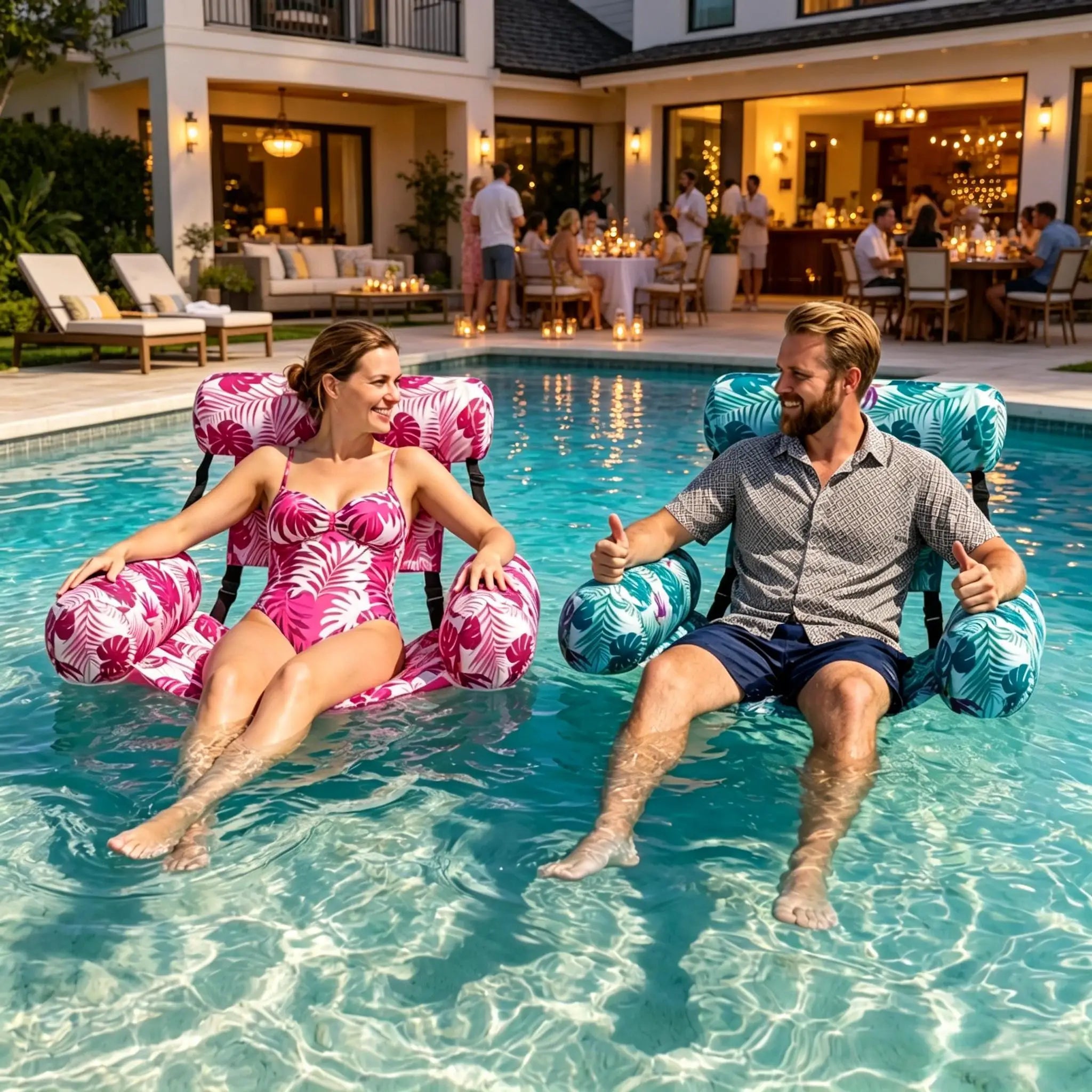 Tropical Print Inflatable Pool Lounger Chair with Backrest Floating Lounge for Adults Summer Pool Floats for Parties Relax