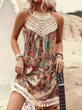 Vintage Paisley Print Halter Mini Dress, Lace Fringe Patchwork Bohemian Vacation Dress