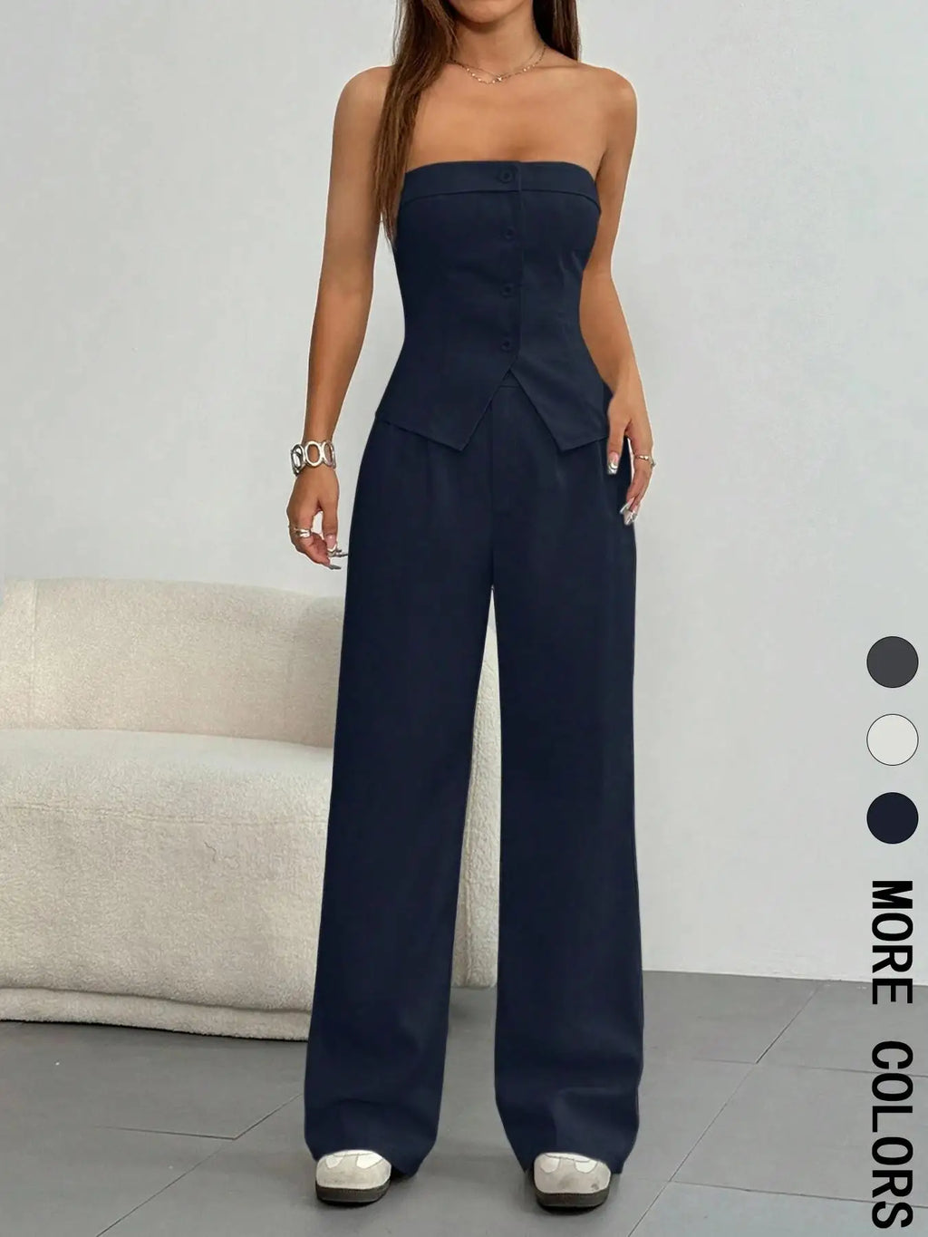 Women's Solid Button Front Tube Top & Wide Leg Pants Two-piece Set, Casual Fashion Cozy Top & Trousers for Daily Outdoor Wear, L