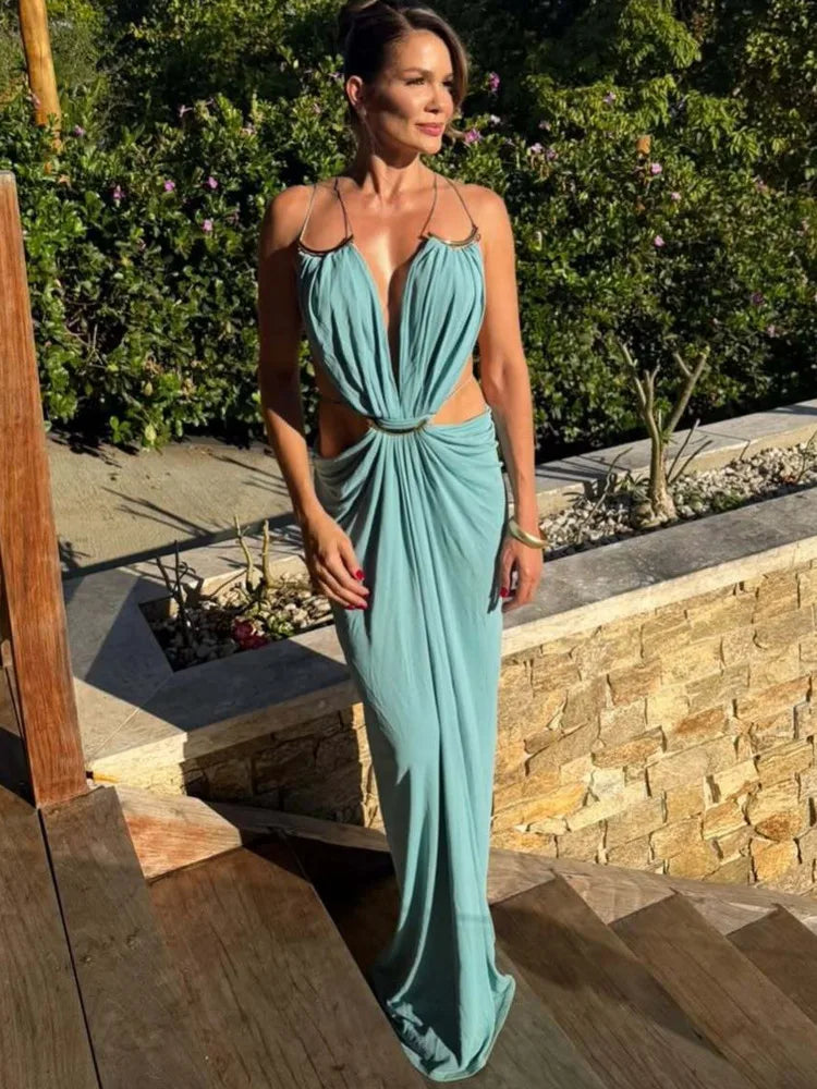 Sexy Halter Deep V Neck Maxi Dress Women Elegant Hollow Out Backless Sleeveless Bodycon Beach Club Party Evening Dress