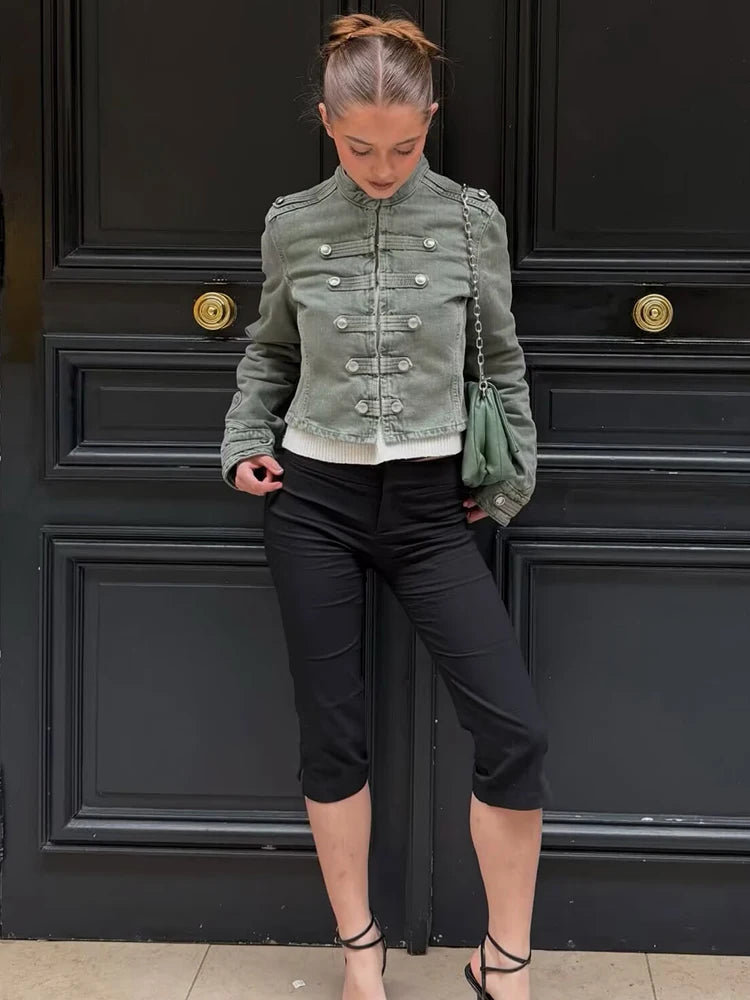 Women Casual Denim Jacket Coat 2026 Spring Autumn Long Sleeve Stand Collar Short Coat Female Button Decor Crop Top