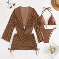 Sexy Solid Color Bikini Set With Sheer Cover-Up, Suitable For Vacation, Beach Party, Perfect For New Year And Valentine's