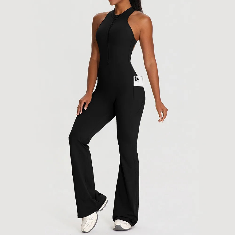 Sleeveless Back Design Yoga Bodysuit Pocket Design Hip Lifting Flared Jumpsuit Women Fitness Sportswear