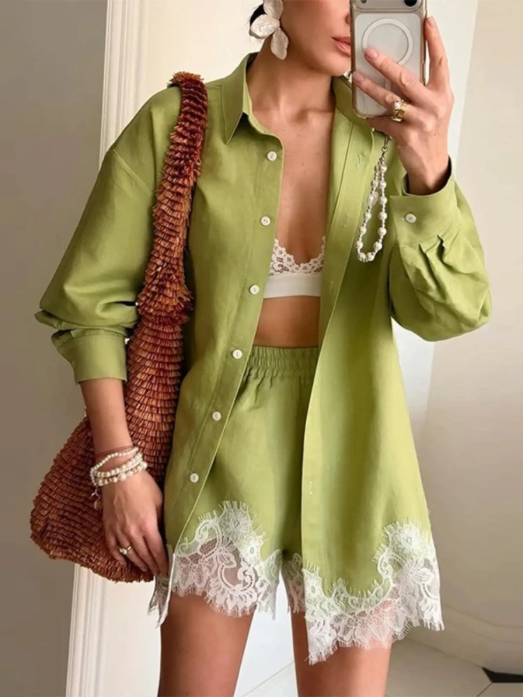 Women's Lace Patchwork Shirt Shorts Suit Single Breasted Long Sleeve Lapel Shirts High Waist Shorts Set Casual Loose Wears 2026