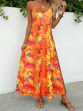 Women's Tropical Leaf Print Cami Maxi Dress Summer Casual V Neck Sleeveless A Line Flowy Sundress Beach Vacation