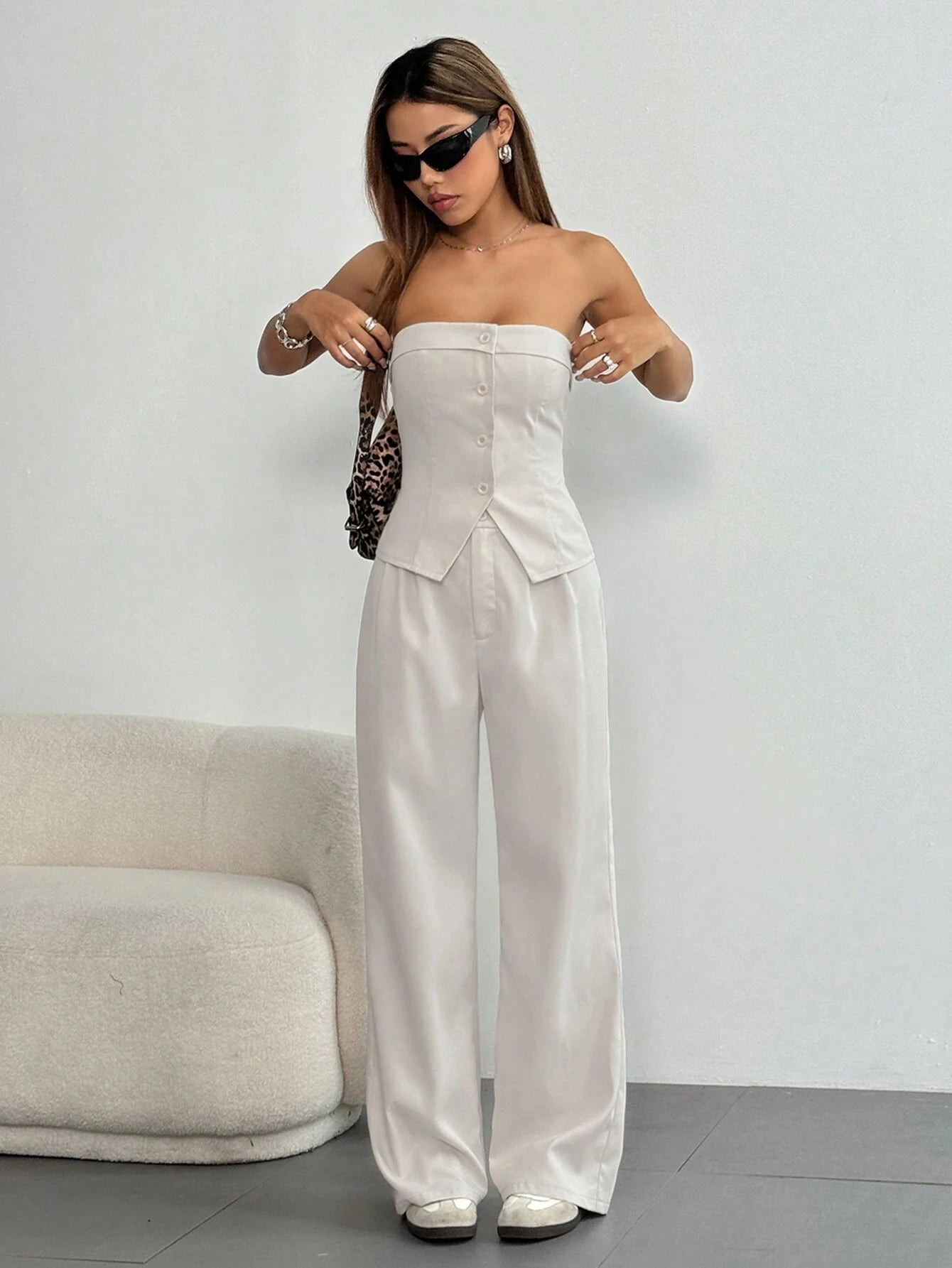 Women's Solid Button Front Tube Top & Wide Leg Pants Two-piece Set, Casual Fashion Cozy Top & Trousers for Daily Outdoor Wear, L