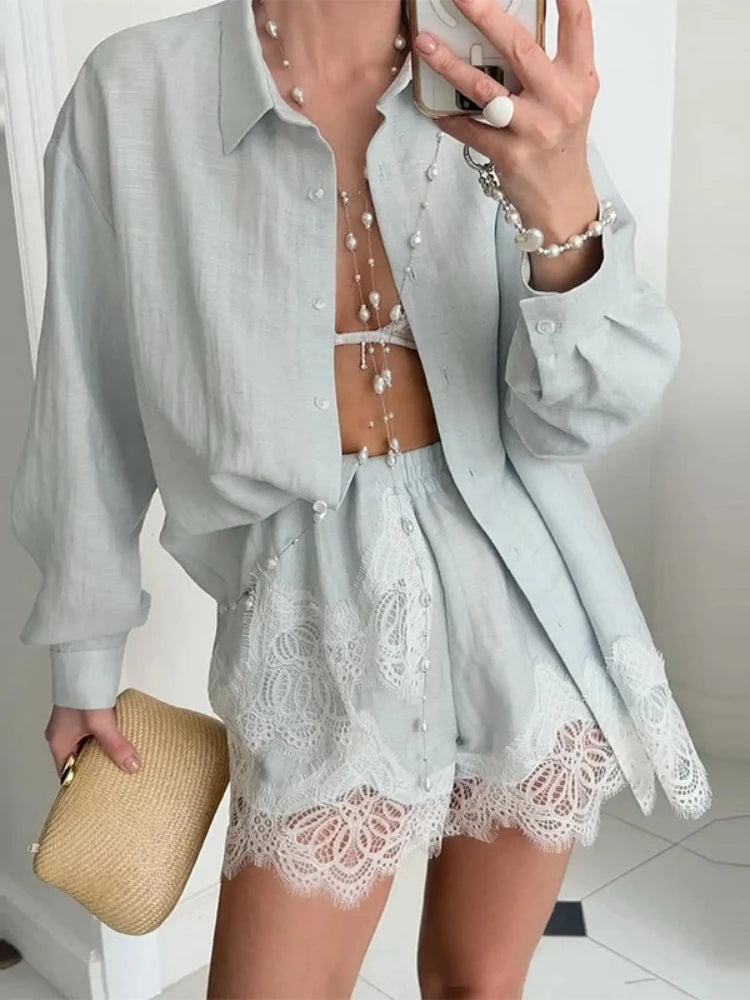Women's Lace Patchwork Shirt Shorts Suit Single Breasted Long Sleeve Lapel Shirts High Waist Shorts Set Casual Loose Wears 2026