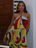 Weird Puss Colorful Patchwork Mini Dress Woman Metal Ring Halter Off Shoulder Backless Summer Beach Party Ruched Elegant Bodycon
