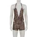 Woman Leopard Print Set Outfit Halter Deep V-neck Backless Crop Top Shorts Sexy  Summer Clothes