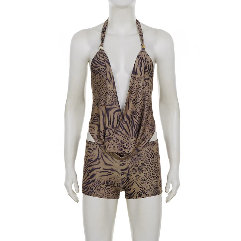 Woman Leopard Print Set Outfit Halter Deep V-neck Backless Crop Top Shorts Sexy  Summer Clothes