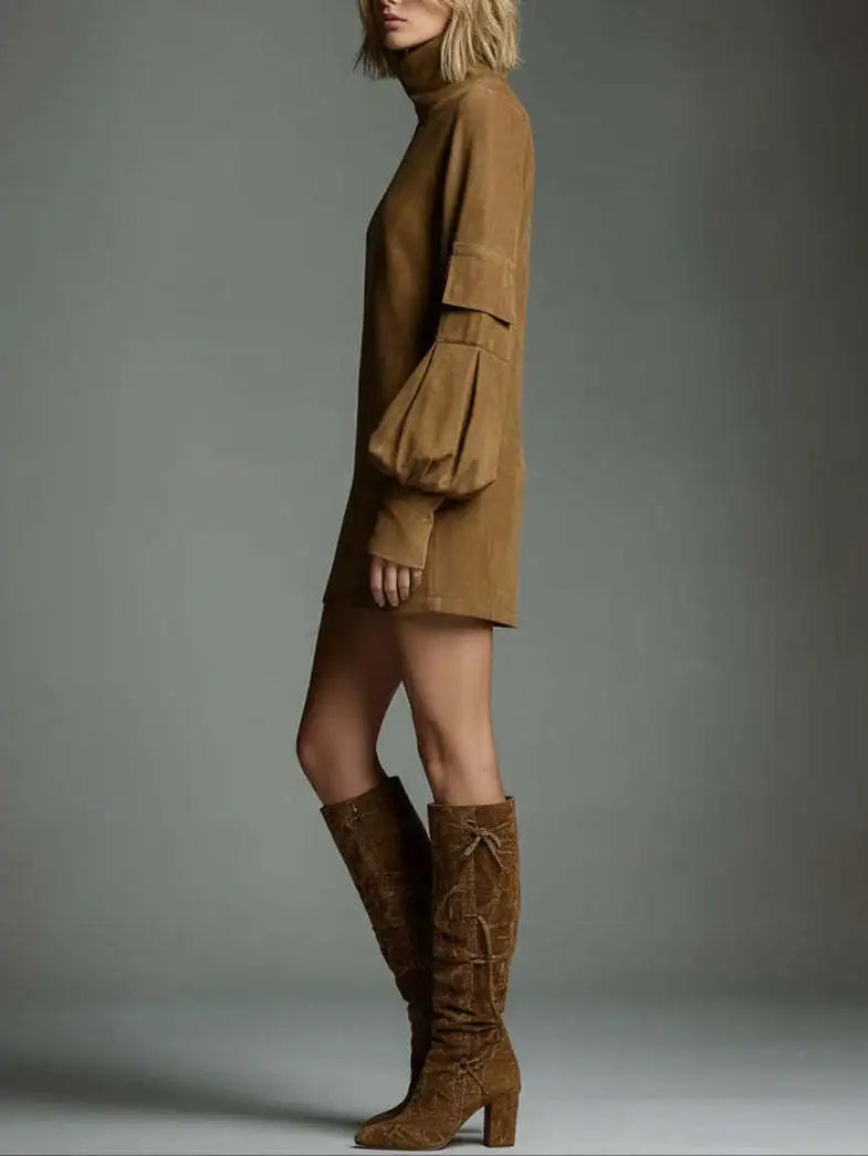 Suede Turtleneck Mini Dress Women Sexy Lantern Long Sleeve Cargo Pocket Dress Elegant High Street Autumn Winter Vestidos 2026