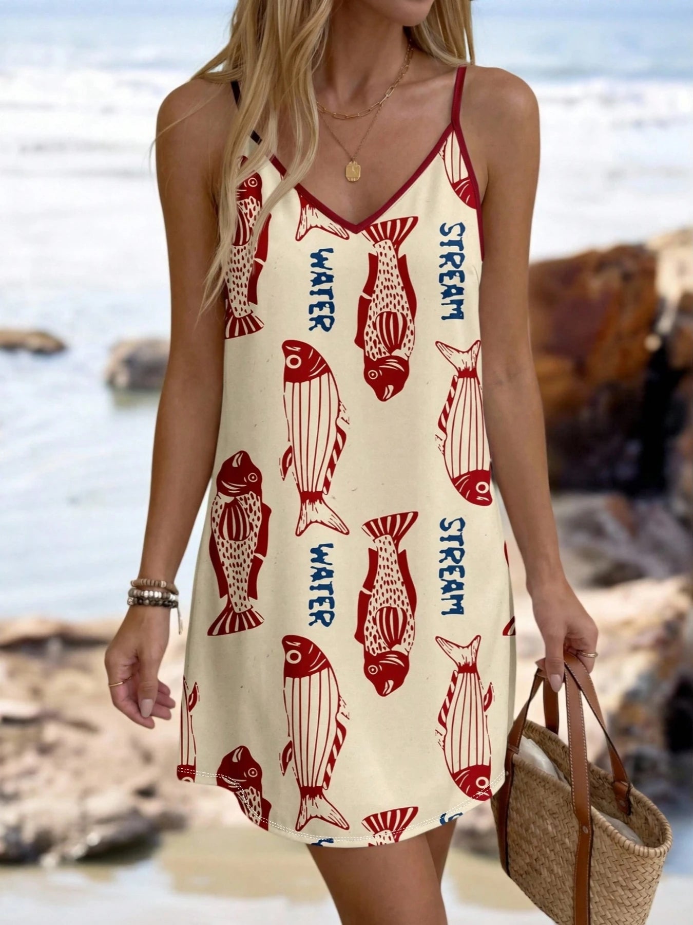 Women's Summer Elegant Vacation Style Tropical Plant Printed V-neck Strap Dress