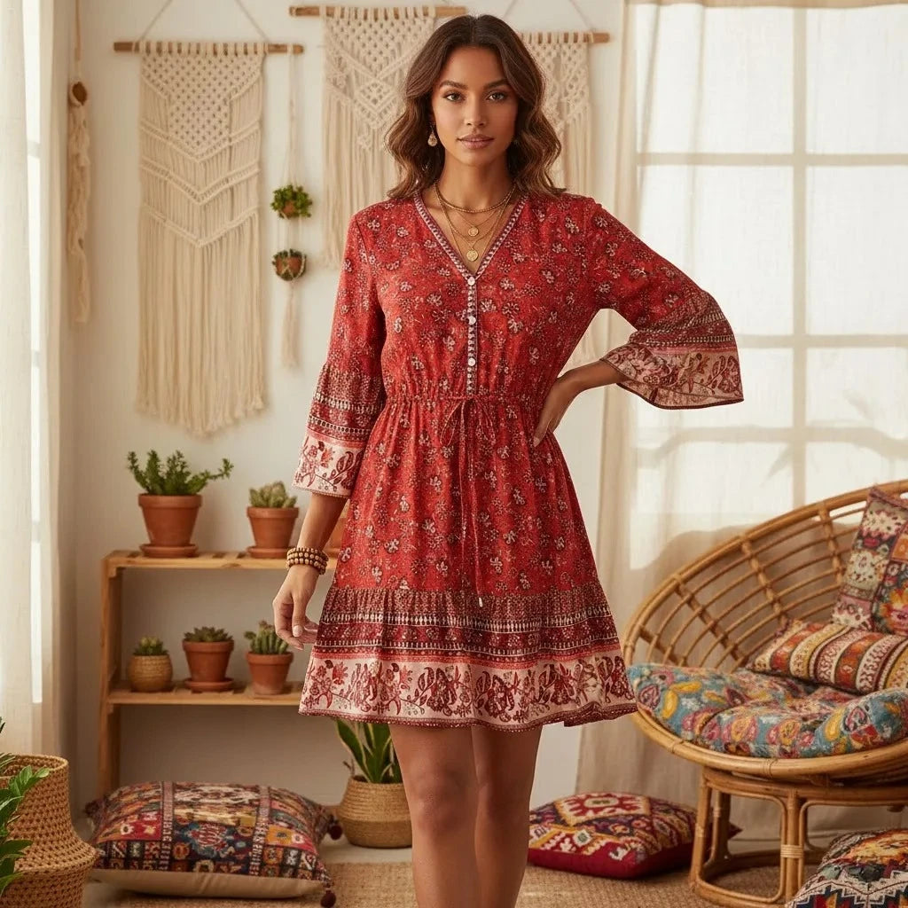 Vestido Curto com Mangas Sino