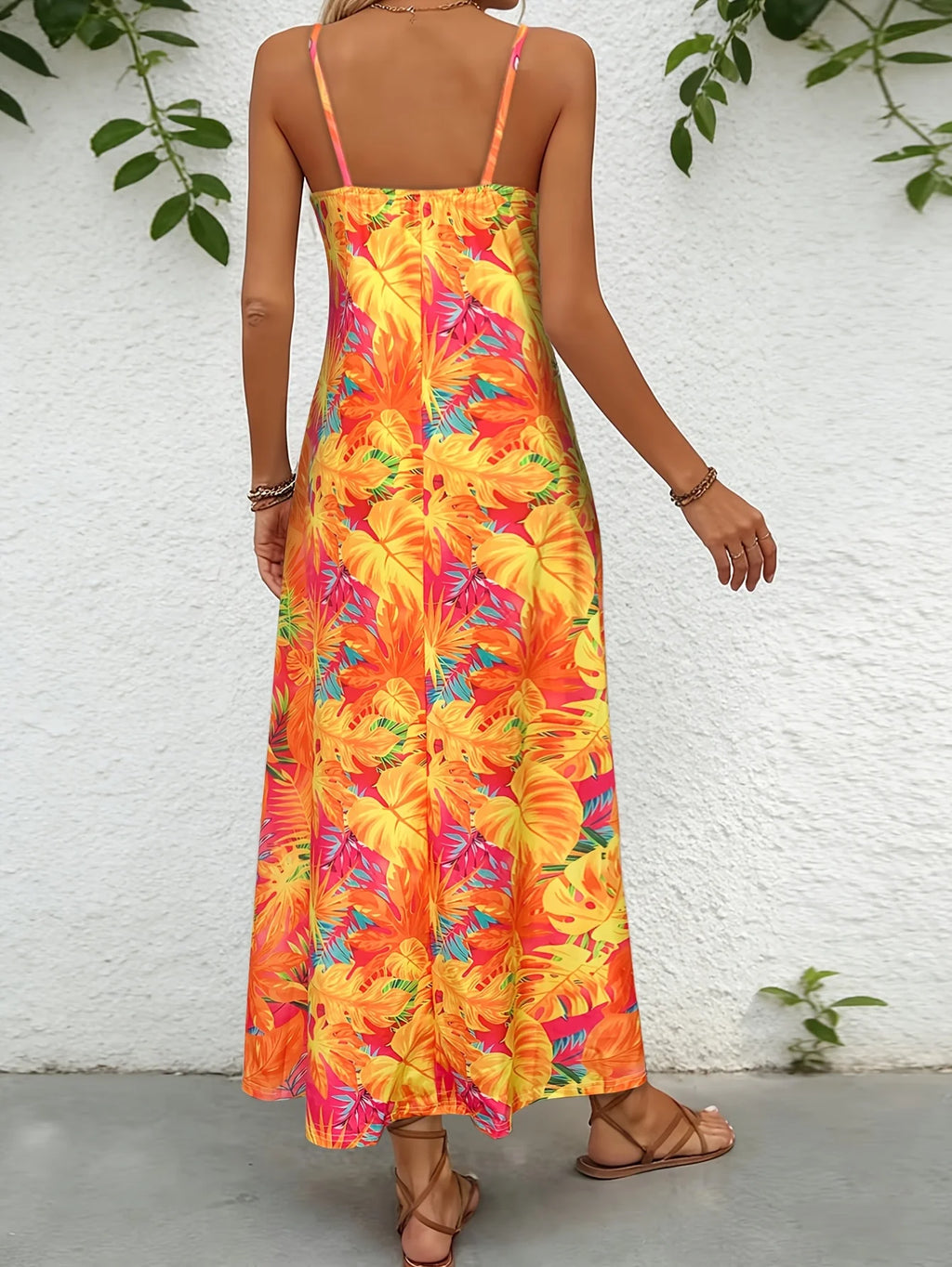Women's Tropical Leaf Print Cami Maxi Dress Summer Casual V Neck Sleeveless A Line Flowy Sundress Beach Vacation