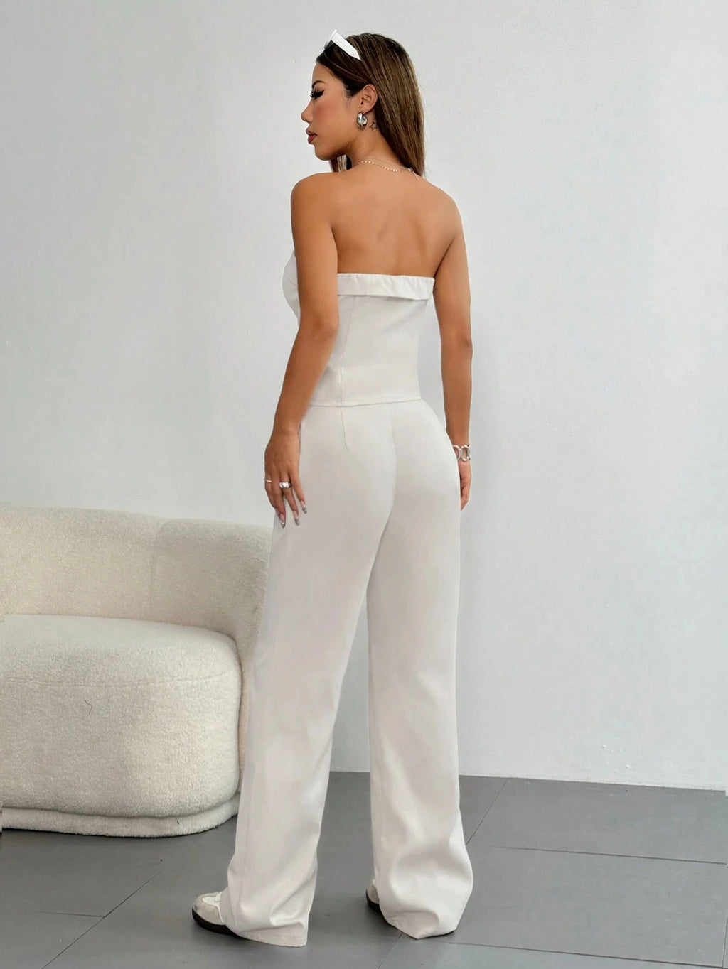 Women's Solid Button Front Tube Top & Wide Leg Pants Two-piece Set, Casual Fashion Cozy Top & Trousers for Daily Outdoor Wear, L