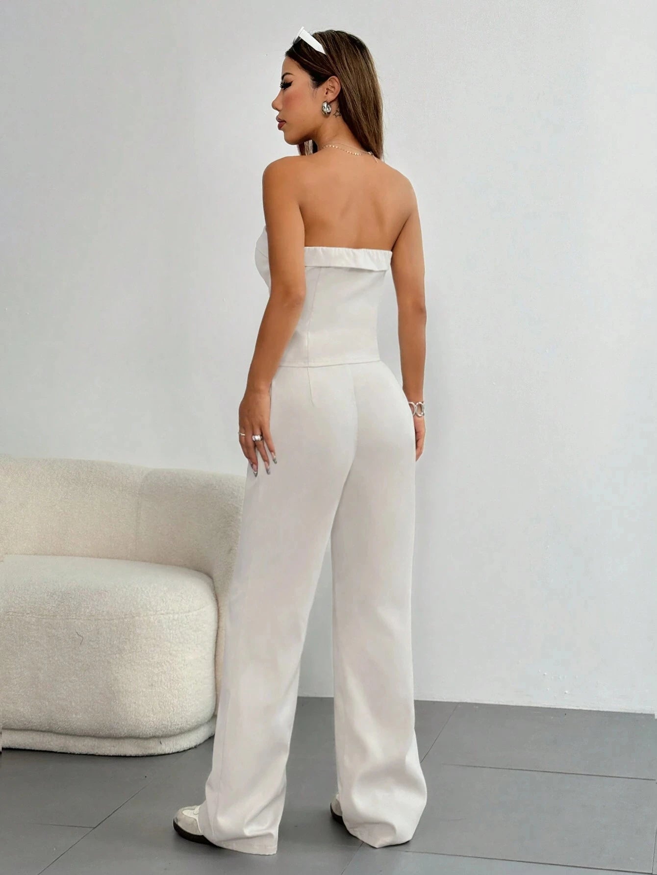 Women's Solid Button Front Tube Top & Wide Leg Pants Two-piece Set, Casual Fashion Cozy Top & Trousers for Daily Outdoor Wear, L