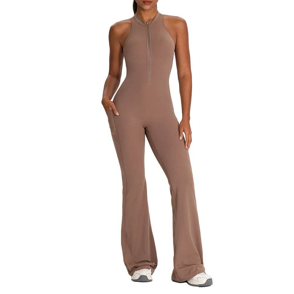 Sleeveless Back Design Yoga Bodysuit Pocket Design Hip Lifting Flared Jumpsuit Women Fitness Sportswear