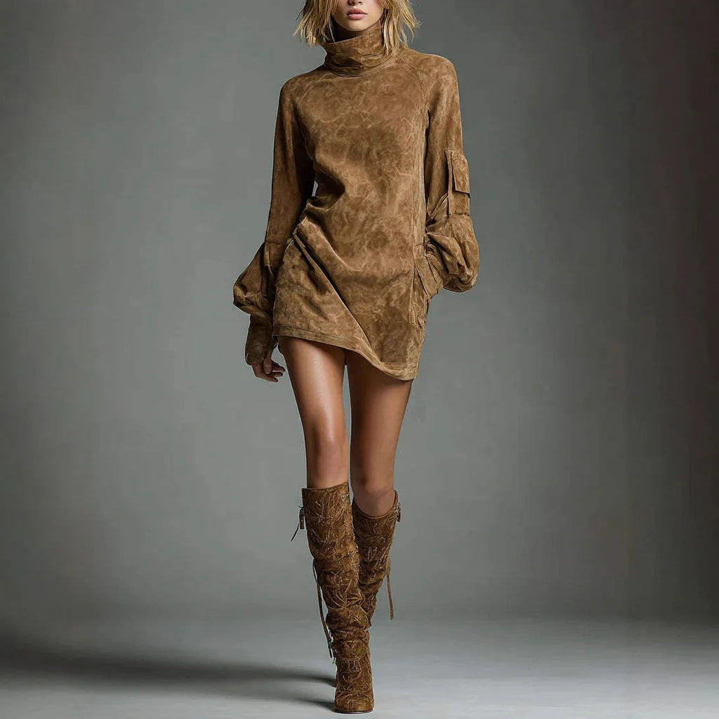 Suede Turtleneck Mini Dress Women Sexy Lantern Long Sleeve Cargo Pocket Dress Elegant High Street Autumn Winter Vestidos 2026