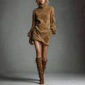 Suede Turtleneck Mini Dress Women Sexy Lantern Long Sleeve Cargo Pocket Dress Elegant High Street Autumn Winter Vestidos 2026