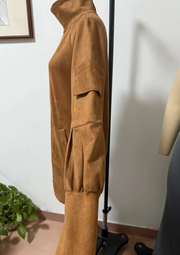 Suede Turtleneck Mini Dress Women Sexy Lantern Long Sleeve Cargo Pocket Dress Elegant High Street Autumn Winter Vestidos 2026