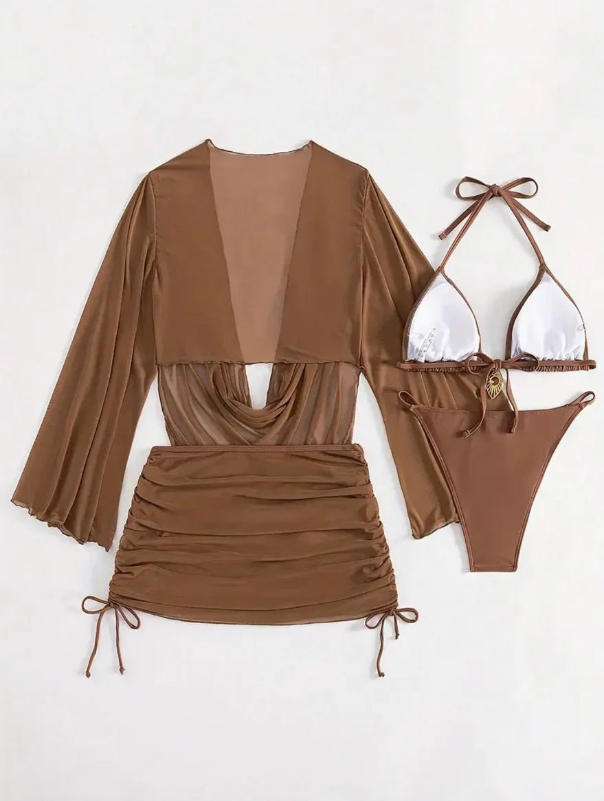 Sexy Solid Color Bikini Set With Sheer Cover-Up, Suitable For Vacation, Beach Party, Perfect For New Year And Valentine's