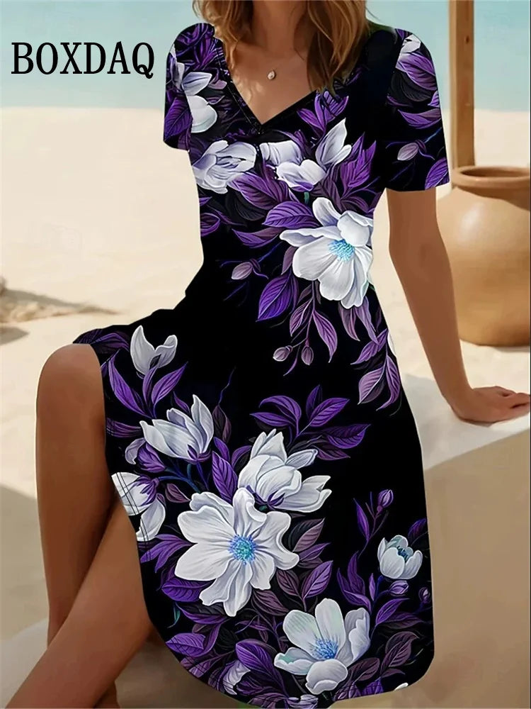Vintage Summer Dress Women's V-Neck Flowers Printed Casual Beach Vacation Short-Sleeved Dress Loose Women Plus Size Dresses 6XL