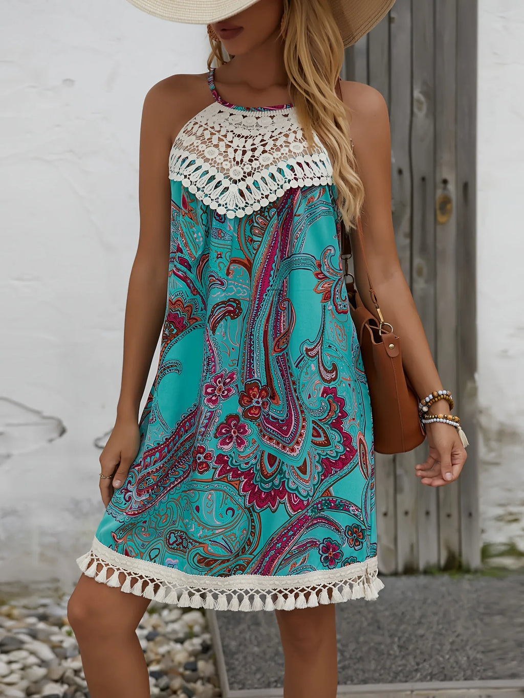 Vintage Paisley Print Halter Mini Dress, Lace Fringe Patchwork Bohemian Vacation Dress
