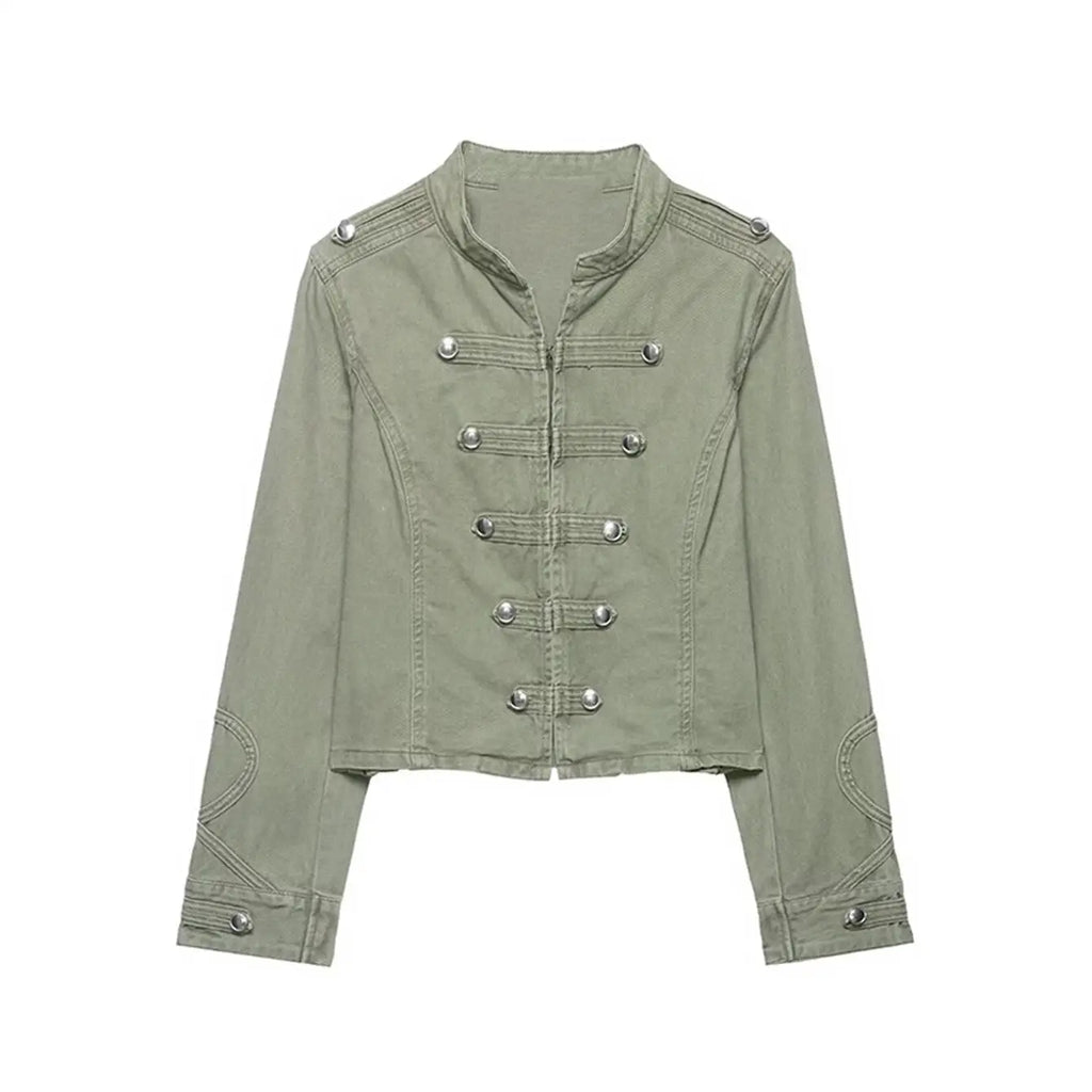 Women Casual Denim Jacket Coat 2026 Spring Autumn Long Sleeve Stand Collar Short Coat Female Button Decor Crop Top