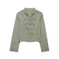 Women Casual Denim Jacket Coat 2026 Spring Autumn Long Sleeve Stand Collar Short Coat Female Button Decor Crop Top