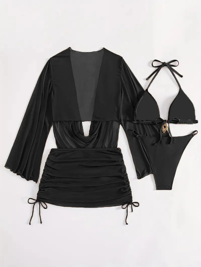 Sexy Solid Color Bikini Set With Sheer Cover-Up, Suitable For Vacation, Beach Party, Perfect For New Year And Valentine's