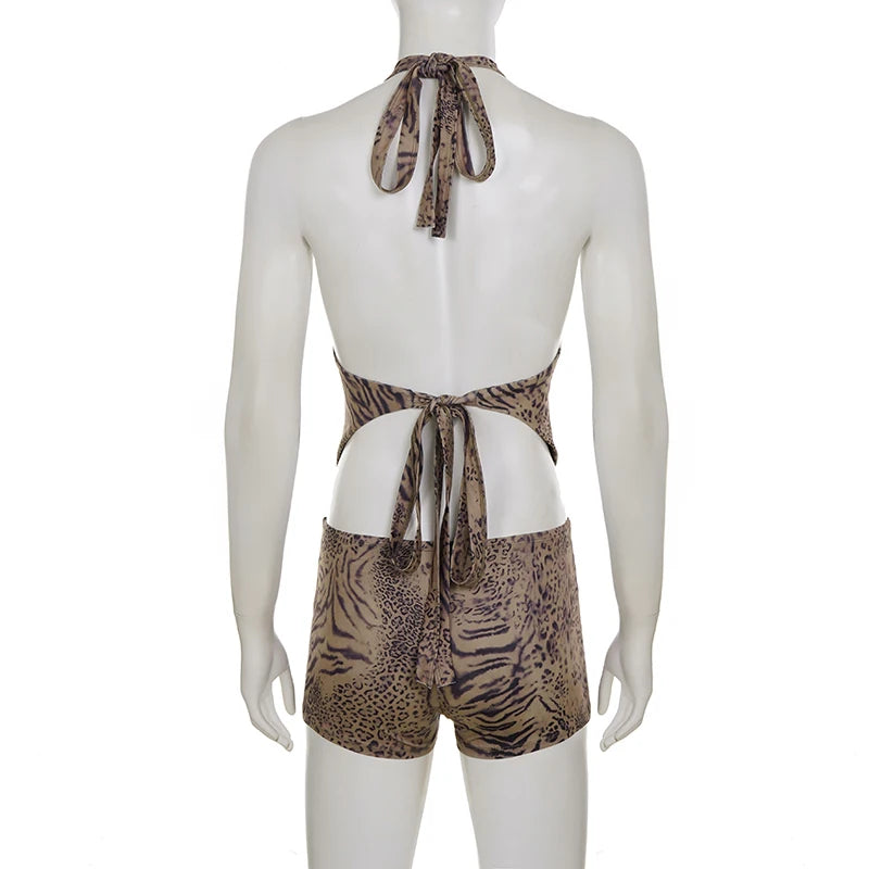Woman Leopard Print Set Outfit Halter Deep V-neck Backless Crop Top Shorts Sexy  Summer Clothes