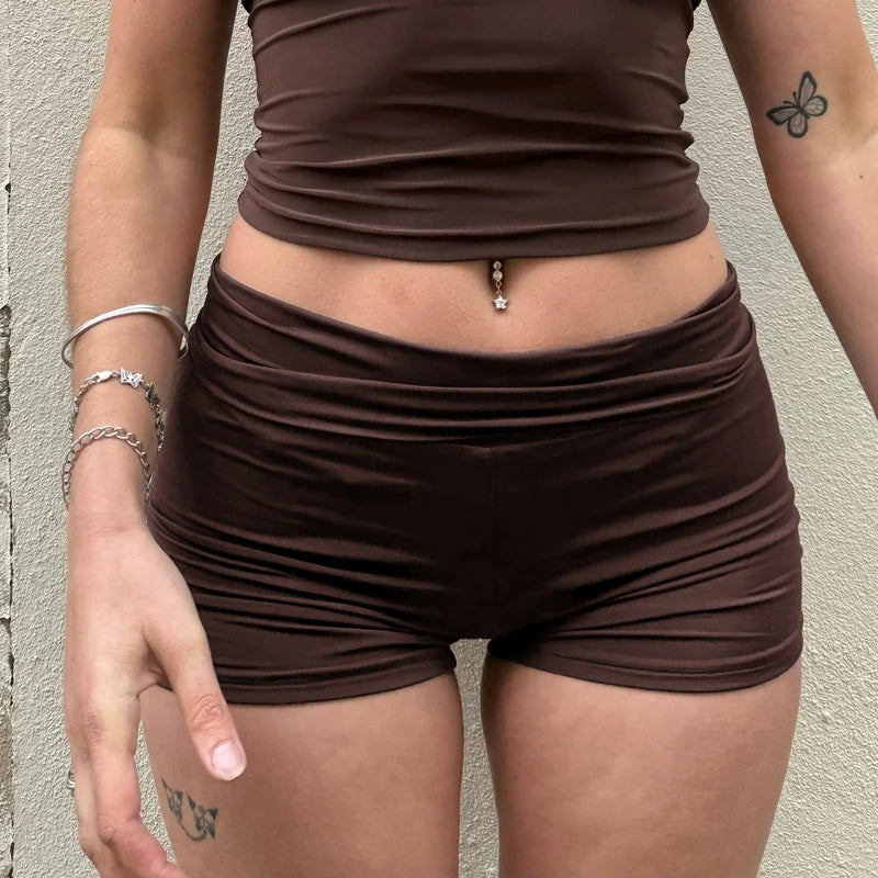 Women Folds Over Low Waist Shorts Coquette Slim Fit Boxer Shorts Pants Girl Casual Workout Fittness Yoga Running Micro Shorts