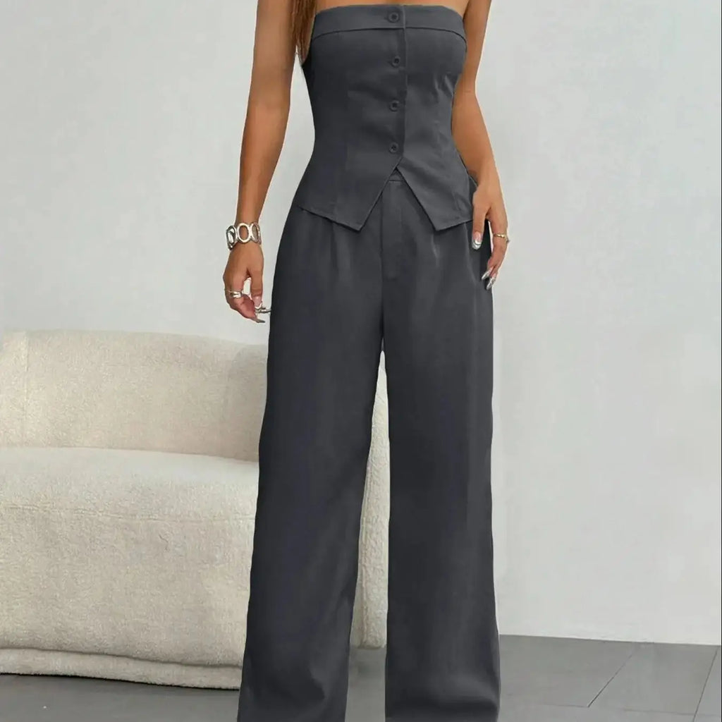 Women's Solid Button Front Tube Top & Wide Leg Pants Two-piece Set, Casual Fashion Cozy Top & Trousers for Daily Outdoor Wear, L