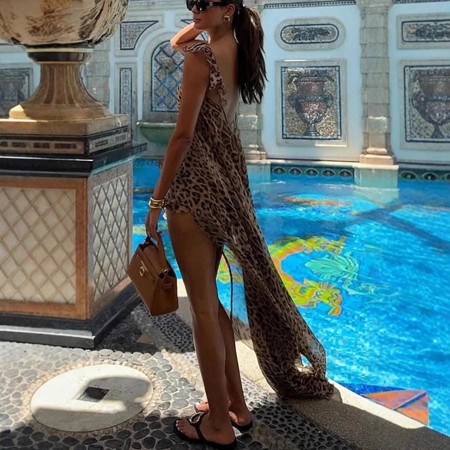 Summer 2026 New Arrival Women's Beach Vacation Dress Set chiffon Print Halter Long Dress Loose Leopard Print Shorts Dress Suit
