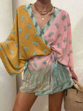Women's Paisley Print Two-Piece Set, Color Block V-Neck Wrap Top & Shorts, Loose Casual Outfit for Beach Vacation