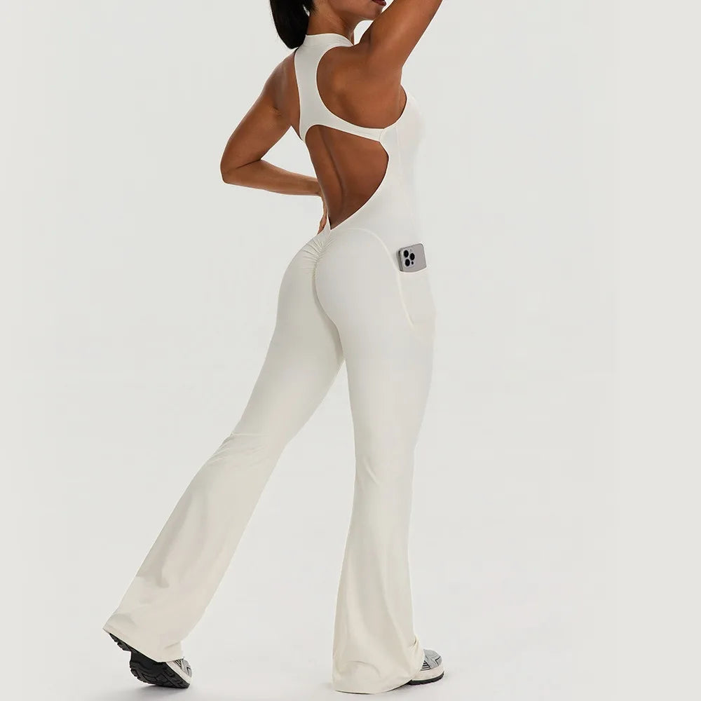 Sleeveless Back Design Yoga Bodysuit Pocket Design Hip Lifting Flared Jumpsuit Women Fitness Sportswear