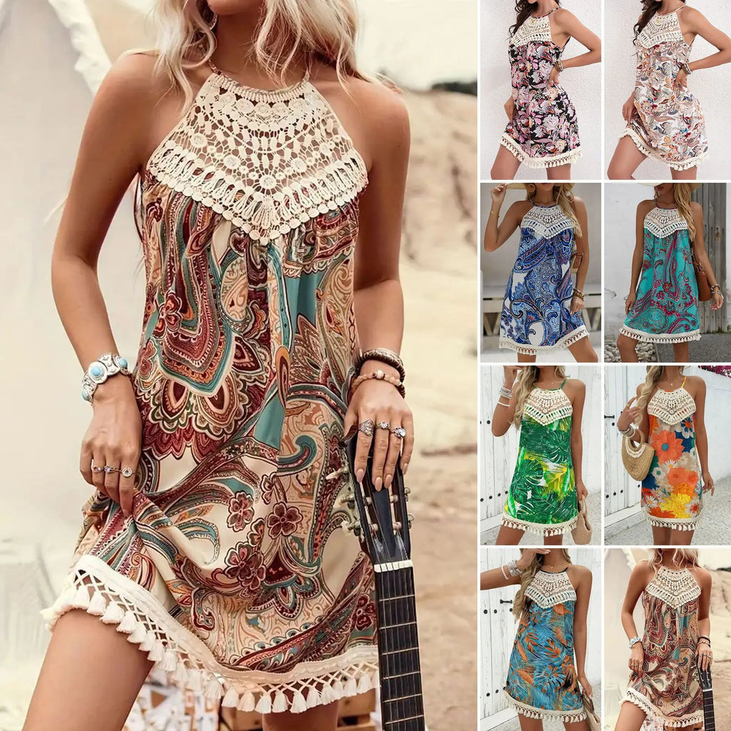 Vintage Paisley Print Halter Mini Dress, Lace Fringe Patchwork Bohemian Vacation Dress