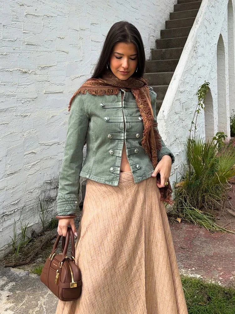 Women Casual Denim Jacket Coat 2026 Spring Autumn Long Sleeve Stand Collar Short Coat Female Button Decor Crop Top