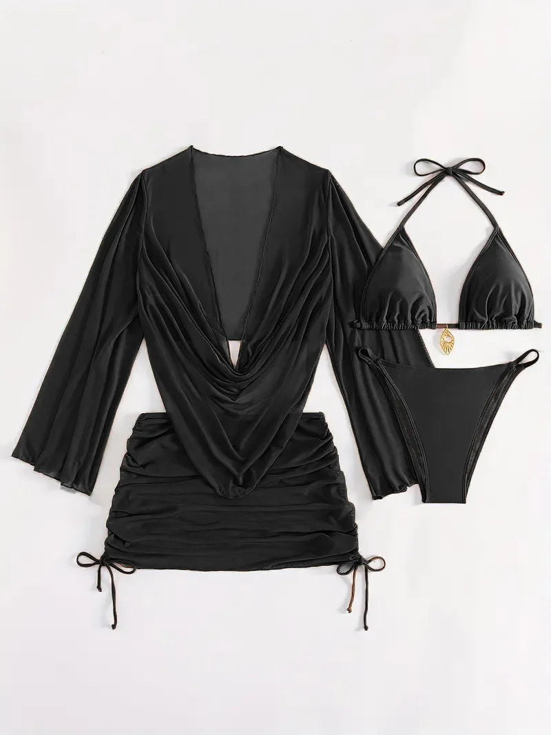 Sexy Solid Color Bikini Set With Sheer Cover-Up, Suitable For Vacation, Beach Party, Perfect For New Year And Valentine's