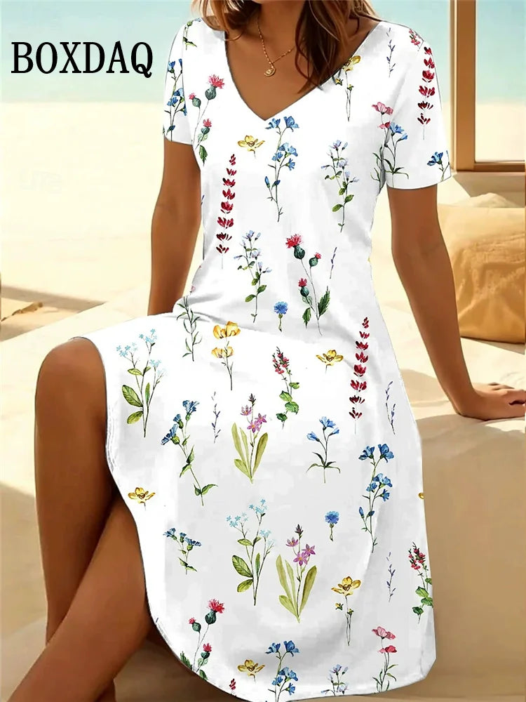 Vintage Summer Dress Women's V-Neck Flowers Printed Casual Beach Vacation Short-Sleeved Dress Loose Women Plus Size Dresses 6XL